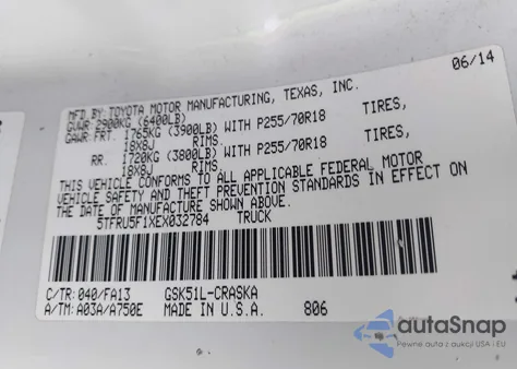 2014 Toyota Tundra Double Cab Sr/Double Cab Sr5 z USA, uszkodzony, nr VIN 5TFRU5F1XEX032784